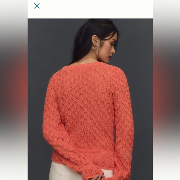 Anthropologie Sweater Flounce-Hem Pointelle Pullover Ruffle Tangerine Large NWT - Picture 12 of 12